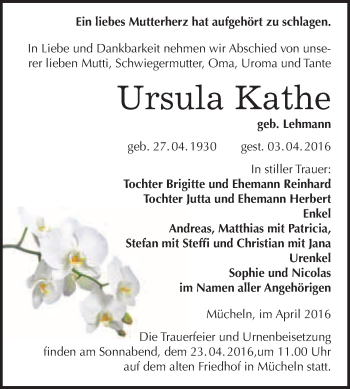 Traueranzeige von Ursula Kathe von WVG - Wochenspiegel Merseburg