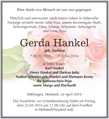 Traueranzeige von Gerda Hankel von Mitteldeutsche Zeitung Mansfelder Land
