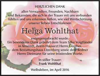 Traueranzeige von Helga Wohlthat von Mitteldeutsche Zeitung Mansfelder Land