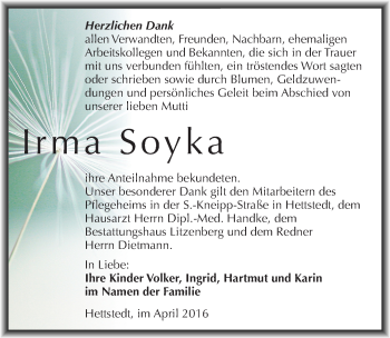 Traueranzeige von Irma Soyka von Wochenspiegel Mansfelder Land