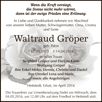 Traueranzeige von Waltraud Gröper von Super Sonntag SGH Mansf. Land