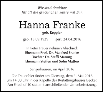 Traueranzeige von Hanna Franke von Super Sonntag SGH Mansf. Land