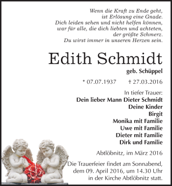 Traueranzeige von Edith Schmidt von Mitteldeutsche Zeitung Naumburg/Nebra