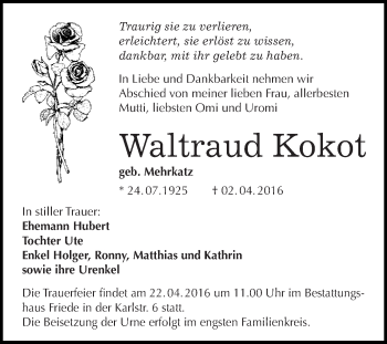 Traueranzeige von Waltraud Kokot von WVG - Wochenspiegel Dessau / Köthen