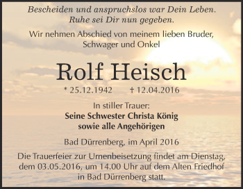 Traueranzeige von Rolf Heisch von Super Sonntag Merseburg