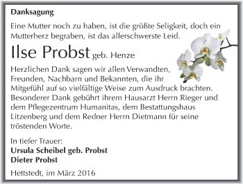 Traueranzeige von Ilse Probst von Mitteldeutsche Zeitung Mansfelder Land