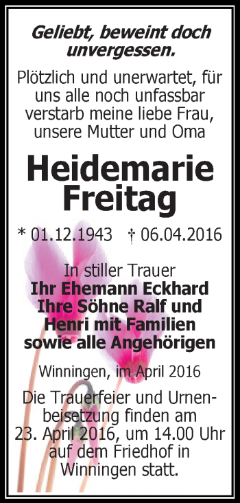 Traueranzeige von Heidemarie Freitag von Super Sonntag Aschersleben