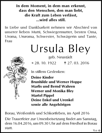 Traueranzeige von Ursula Bley von Mitteldeutsche Zeitung Weißenfels