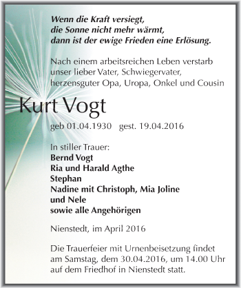 Traueranzeige von Kurt Vogt von Mitteldeutsche Zeitung Sangerhausen