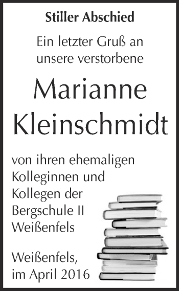 Traueranzeige von Marianne Kleinschmidt von WVG - Wochenspiegel NMB / WSF / ZTZ
