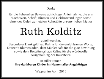 Traueranzeige von Ruth Kolditz von Mitteldeutsche Zeitung Mansfelder Land
