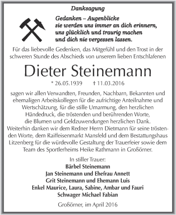 Traueranzeige von Dieter Steinemann von Wochenspiegel Mansfelder Land