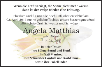 Traueranzeige von Angela Matthias von WVG - Wochenspiegel Dessau / Köthen