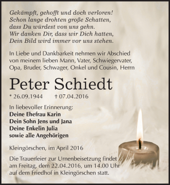 Traueranzeige von Peter Schiedt von Mitteldeutsche Zeitung Weißenfels