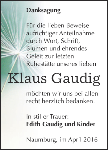 Traueranzeige von Klaus Gaudig von WVG - Wochenspiegel NMB / WSF / ZTZ