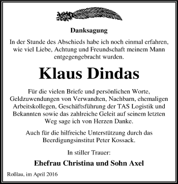 Traueranzeige von Klaus Dindas von Mitteldeutsche Zeitung Dessau-Roßlau
