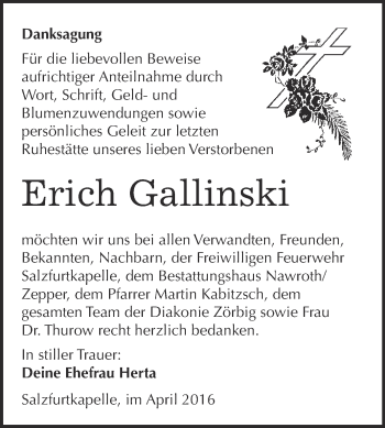 Traueranzeige von Erich Gallinski von WVG - Wochenspiegel Bitterfeld