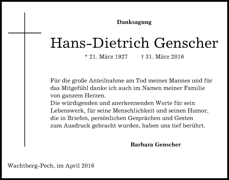  Traueranzeige für Hans-Dietrich Genscher vom 30.04.2016 aus Mitteldeutsche Zeitung Halle/Saalkreis