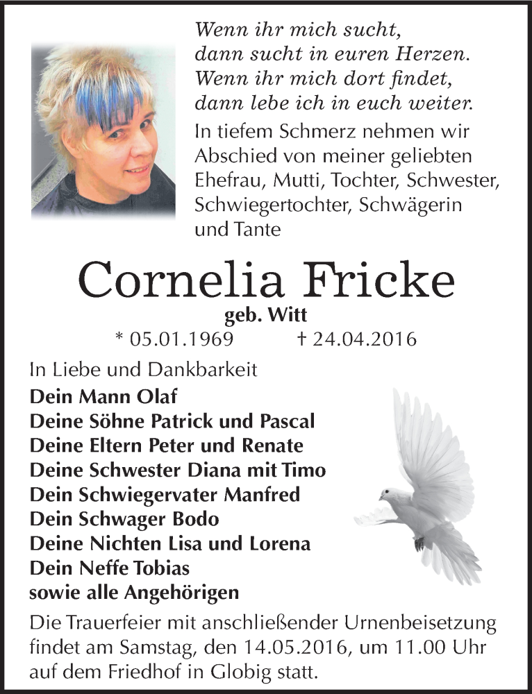  Traueranzeige für Cornelia Fricke vom 30.04.2016 aus Mitteldeutsche Zeitung Wittenberg