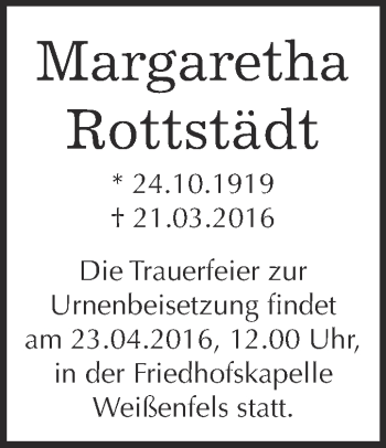 Traueranzeige von Margaretha Rottstädt von WVG - Wochenspiegel NMB / WSF / ZTZ