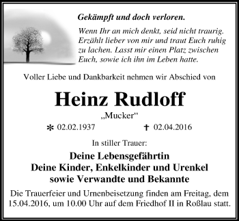 Traueranzeige von Heinz Rudloff von Mitteldeutsche Zeitung Dessau-Roßlau