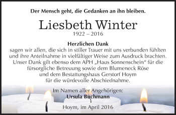 Traueranzeige von Liesbeth Winter von Mitteldeutsche Zeitung Aschersleben