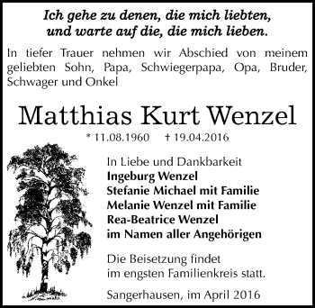 Traueranzeige von Matthias Kurt Wenzel von Mitteldeutsche Zeitung Sangerhausen