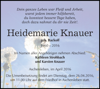 Traueranzeige von Heidemarie Knauer von Super Sonntag Aschersleben
