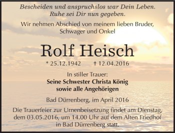 Traueranzeige von Rolf Heisch von Mitteldeutsche Zeitung Merseburg/Querfurt