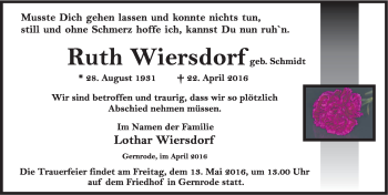 Traueranzeige von Ruth Wiersdorf von Mitteldeutsche Zeitung Quedlinburg