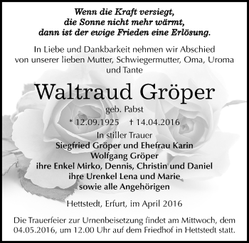 Traueranzeige von Waltraud Gröper von Mitteldeutsche Zeitung Mansfelder Land