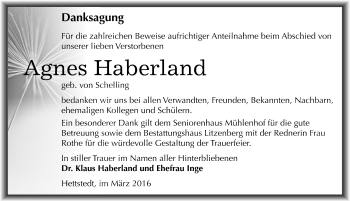 Traueranzeige von Agnes Haberland von Mitteldeutsche Zeitung Mansfelder Land