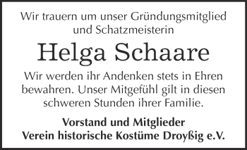 Traueranzeige von Helga Schaare von Super Sonntag Zeitz