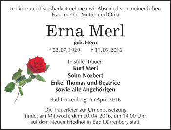 Traueranzeige von Erna Merl von Mitteldeutsche Zeitung Merseburg/Querfurt