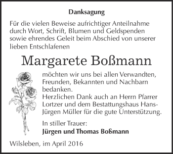 Traueranzeige von Margarete Boßmann von Super Sonntag Aschersleben