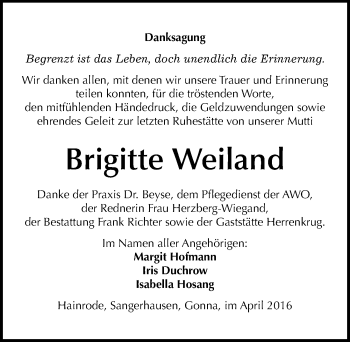 Traueranzeige von Brigitte Weiland von Mitteldeutsche Zeitung Sangerhausen