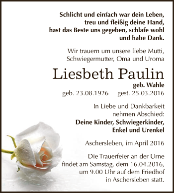 Traueranzeige von Liesbeth Paulin von Super Sonntag Aschersleben