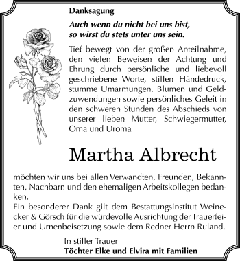Traueranzeige von Martha Albrecht von Mitteldeutsche Zeitung Bernburg