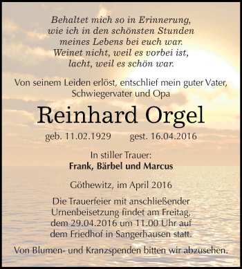 Traueranzeige von Reinhard Orgel von WVG - Wochenspiegel SGH