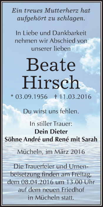 Traueranzeige von Beate Hirsch von Mitteldeutsche Zeitung Merseburg/Querfurt