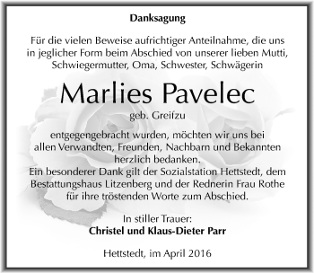 Traueranzeige von Marlies Pavelec von Mitteldeutsche Zeitung Mansfelder Land