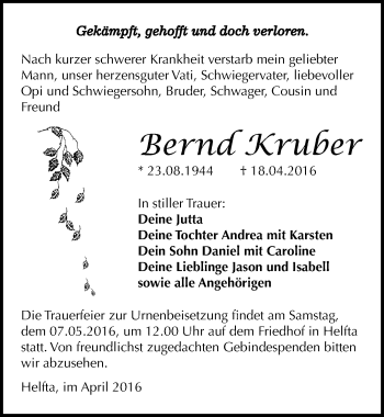 Traueranzeige von Bernd Kruber von Mitteldeutsche Zeitung Mansfelder Land