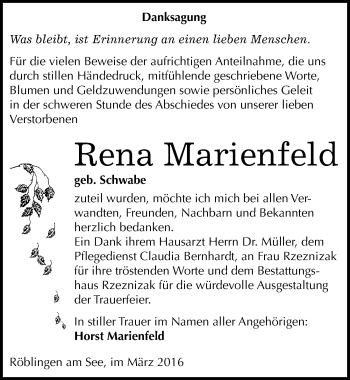 Traueranzeige von Rena Marienfeld von Mitteldeutsche Zeitung Mansfelder Land