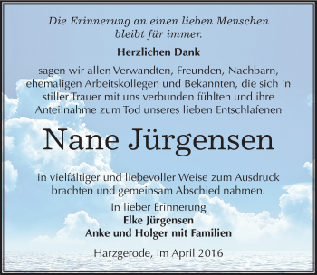 Traueranzeige von Nane Jürgensen von Mitteldeutsche Zeitung Quedlinburg