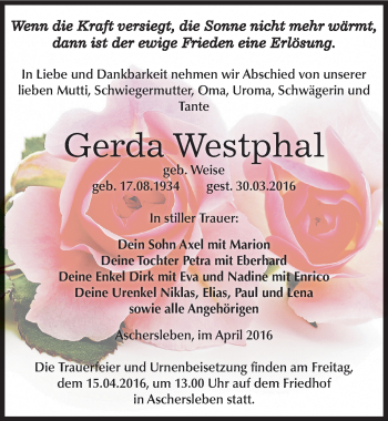 Traueranzeige von Gerda Westphal von Mitteldeutsche Zeitung Aschersleben