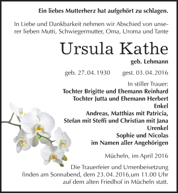 Traueranzeige von Ursula Kathe von Mitteldeutsche Zeitung Merseburg/Querfurt