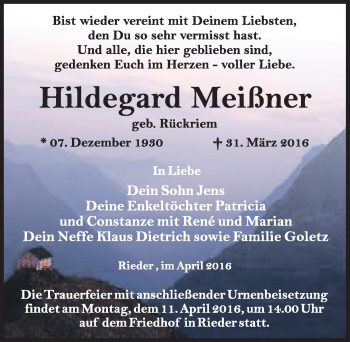 Traueranzeige von Hildegard Meißner von Mitteldeutsche Zeitung Quedlinburg