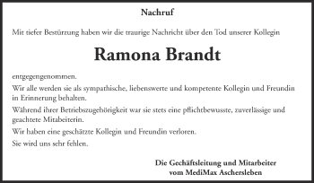 Traueranzeige von Ramona Brandt von WVG - Wochenspiegel Aschersleben