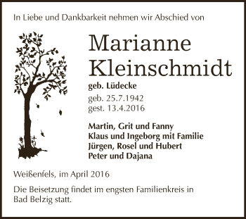 Traueranzeige von Marianne Kleinschmidt von WVG - Wochenspiegel NMB / WSF / ZTZ