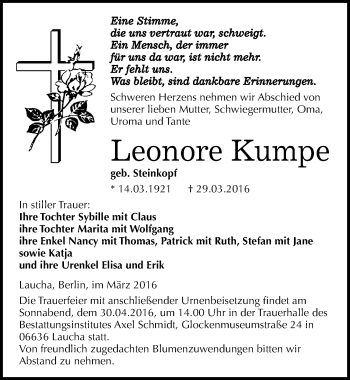 Traueranzeige von Leonore Kumpe von Mitteldeutsche Zeitung Naumburg/Nebra